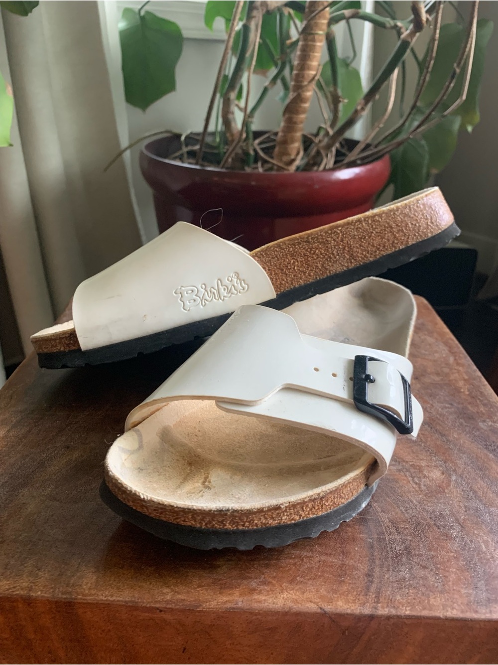 Birkenstock White Patent Single Strap Slide Sandals